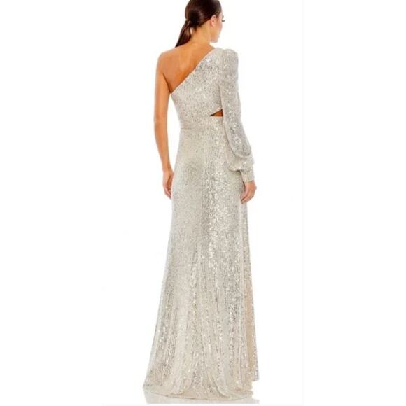 Mac Duggal Sequined One Shoulder Cut Out Gown Silver 26730 Size 8 New - Picture 2 of 14